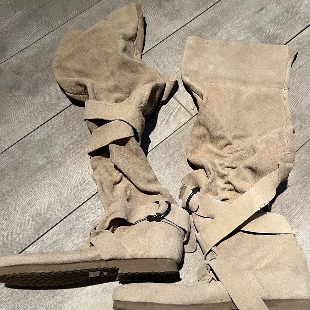 Suede Tall Wrap Over the Knee Boots - Beige